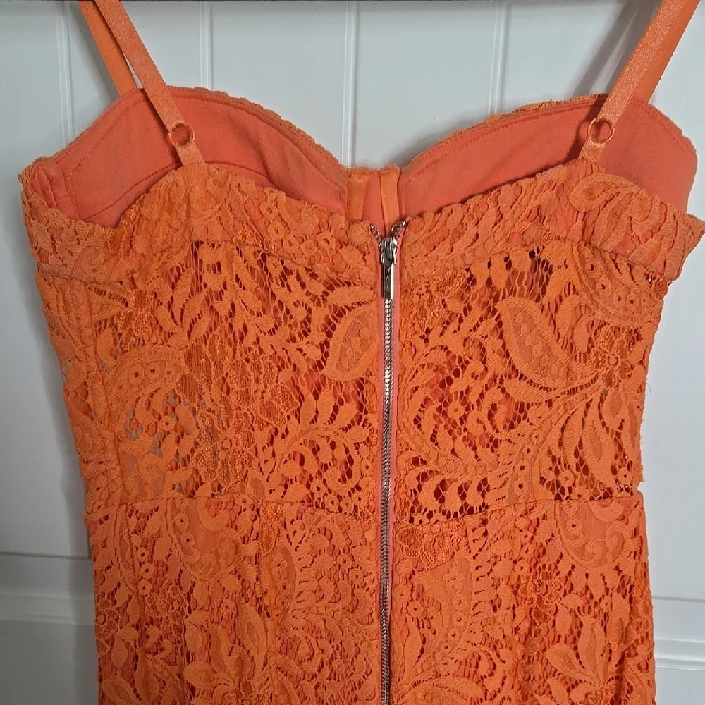 Bebe Orange Lace Midi Dress Sweetheart Neckline w Adjustable & Removable Straps - Picture 8 of 9